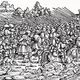 Ausschnitt aus einer Druckgrafik (schwarz-weiß). Sie zeigt einen sogenannten Bauernhaufen: Eine große Gruppe Menschen, teilweise beritten und mit Speeren bewaffnet vor einem Hügel mit einer Burg